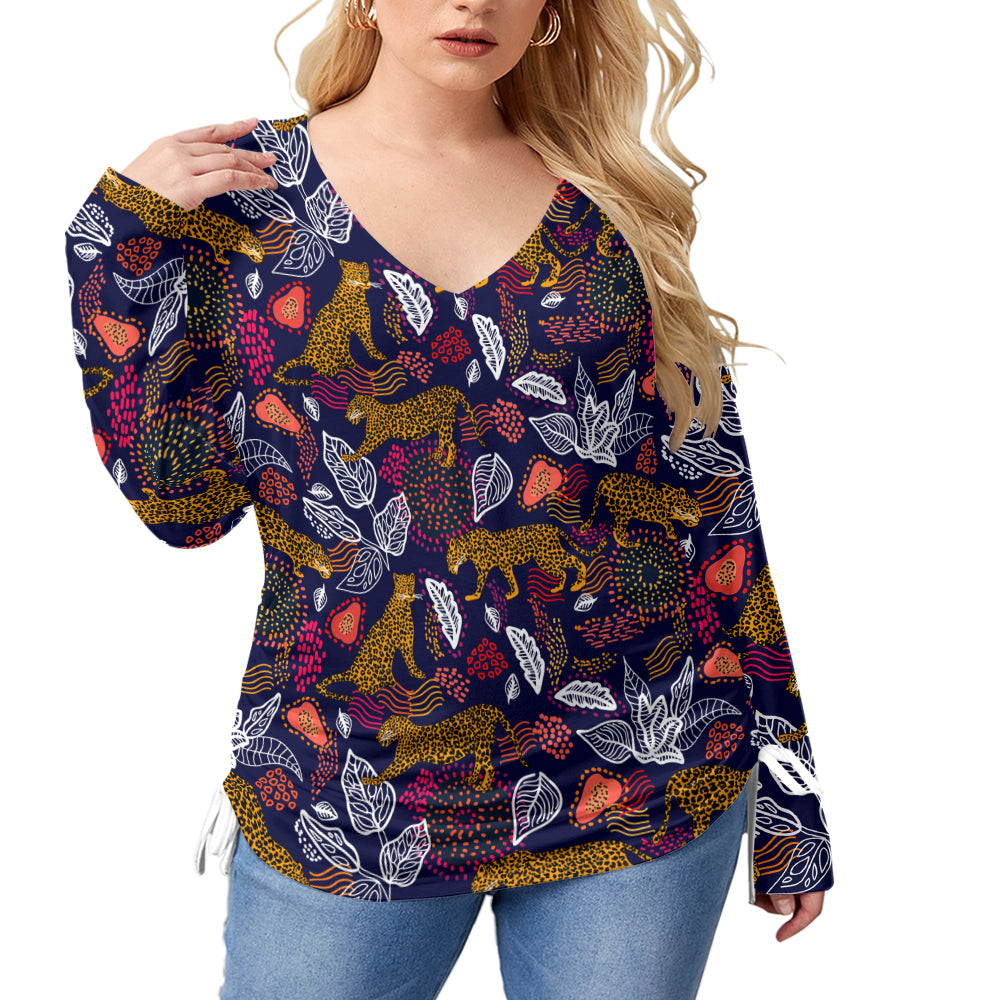 Darkness Jungle Leopard V-Neck Plus Size T-Shirt