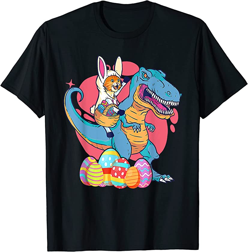 Cat Easter Bunny Riding Dino Trex Egg Hunt Dinosaur Kids T-Shirt