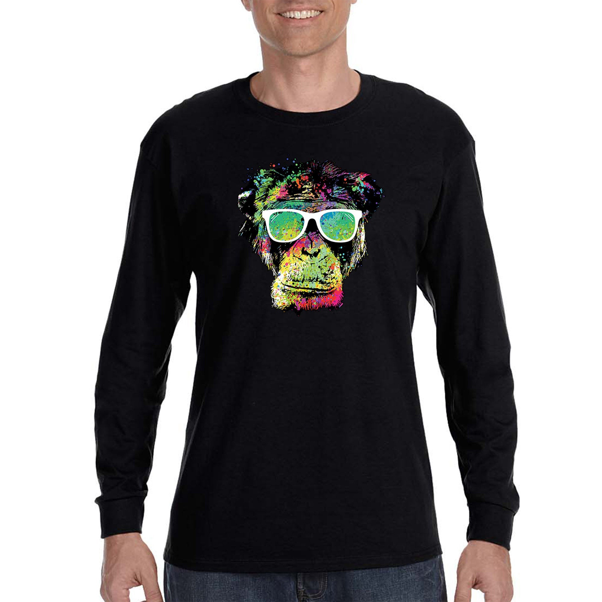 Xtrafly Apparel Men’S Neon Monkey Glasses Ape Chimp Chimpanzee Gorilla Primate Tie Dye Wild Animal Jungle Zoo African Long Sleeve T-Shirt