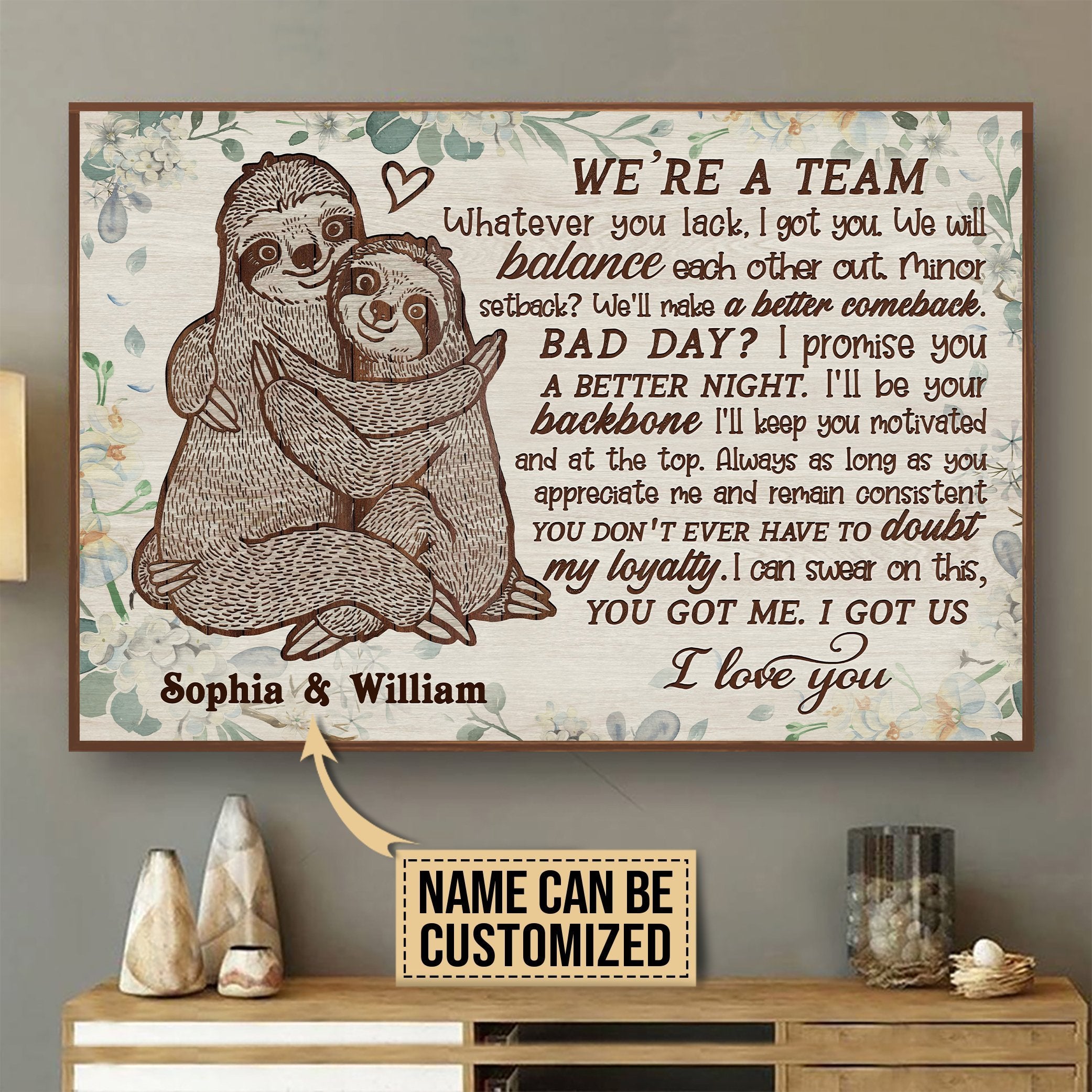 Aeticon Gifts Personalized Sloth Floral We Are Team Canvas Mom Dad Gift Home Decor