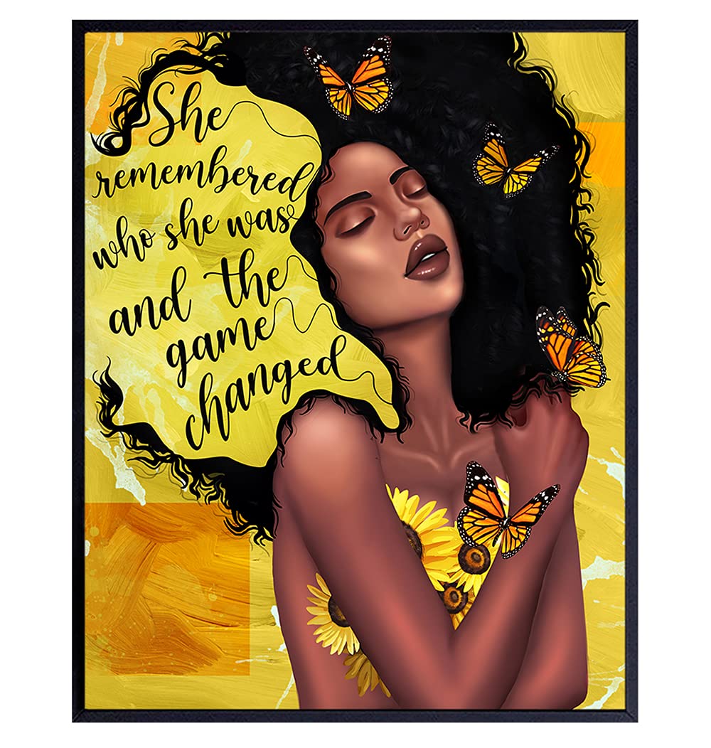 African American Woman Black Art – She Remembered Who She Was And The Game Changed Inspirational Wall Decor – Positive Quotes – Encouragement Gifts For Women – Motivational Posters – Uplifting Gifts