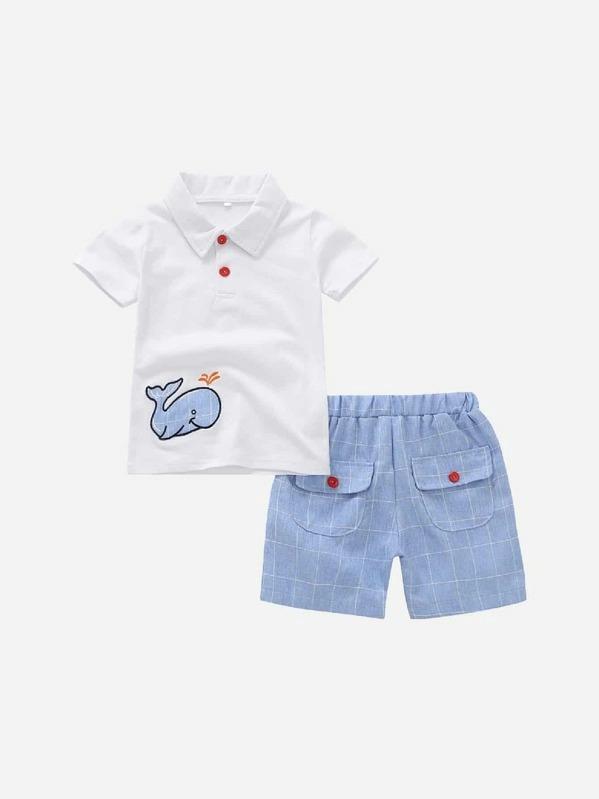 Toddler Boys Whale Embroidery Polo Shirt With Plaid Shorts