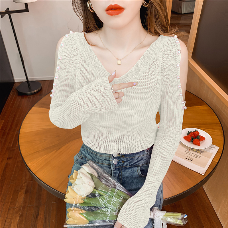 #7430 Off Shoulder Sweaters Women Pearls Sexy Thin Slim Short Women Sweaters And Pullovers Long Sleeve V-neck Knitted Top Femme alx