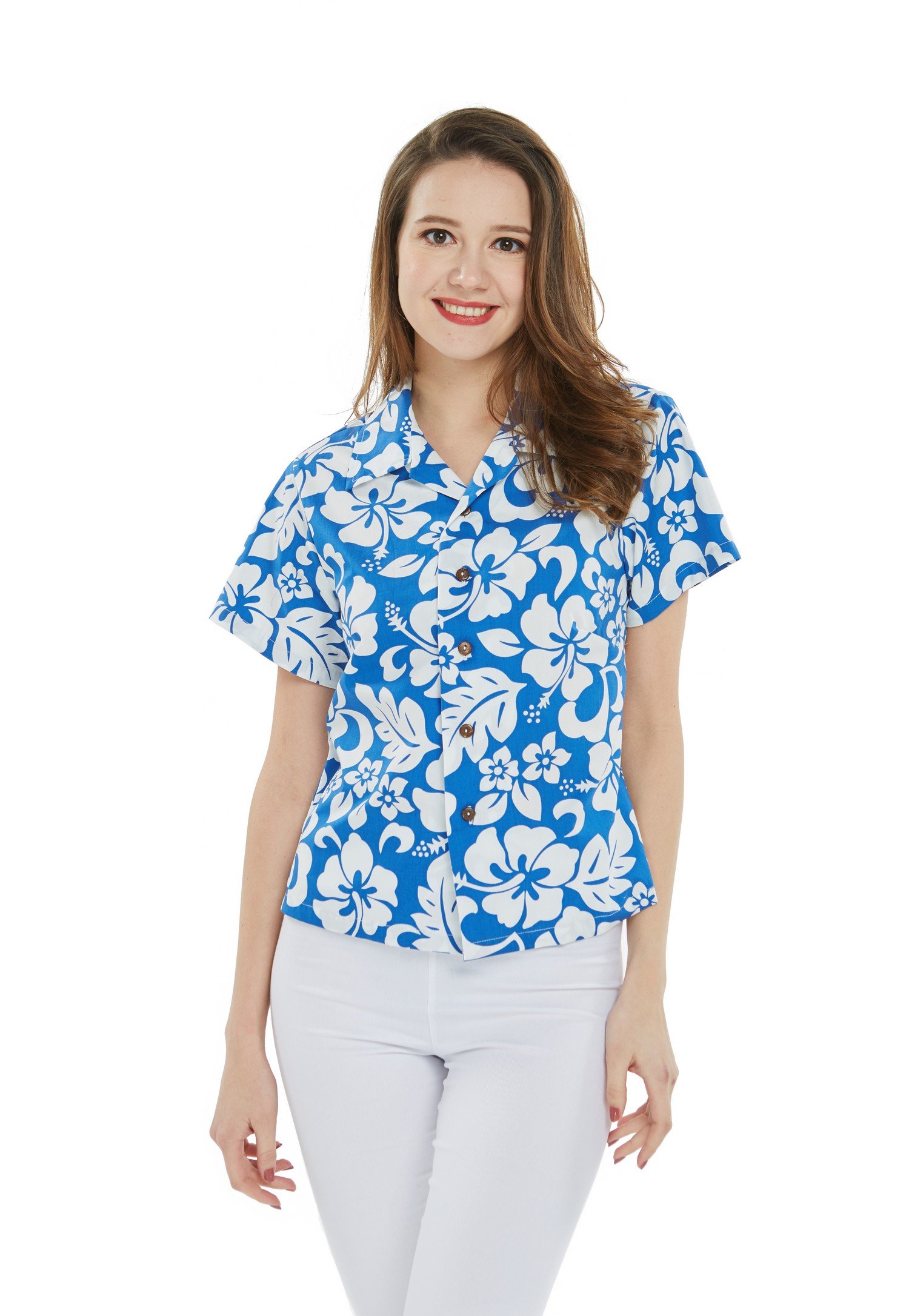 Women’s Lady Aloha Shirt in Vintage Hibiscus Blue