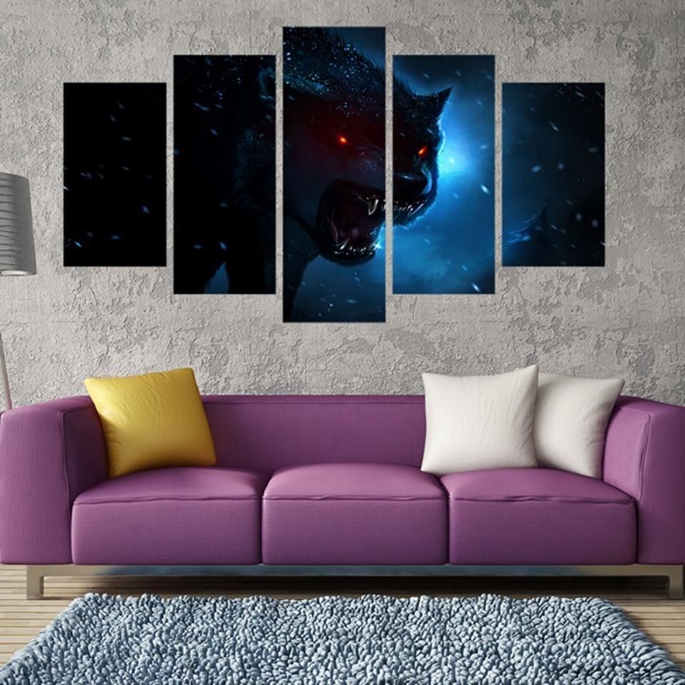 Animal Luminous Anger Wolfs Animal 5 Panel Canvas Art Wall Decor