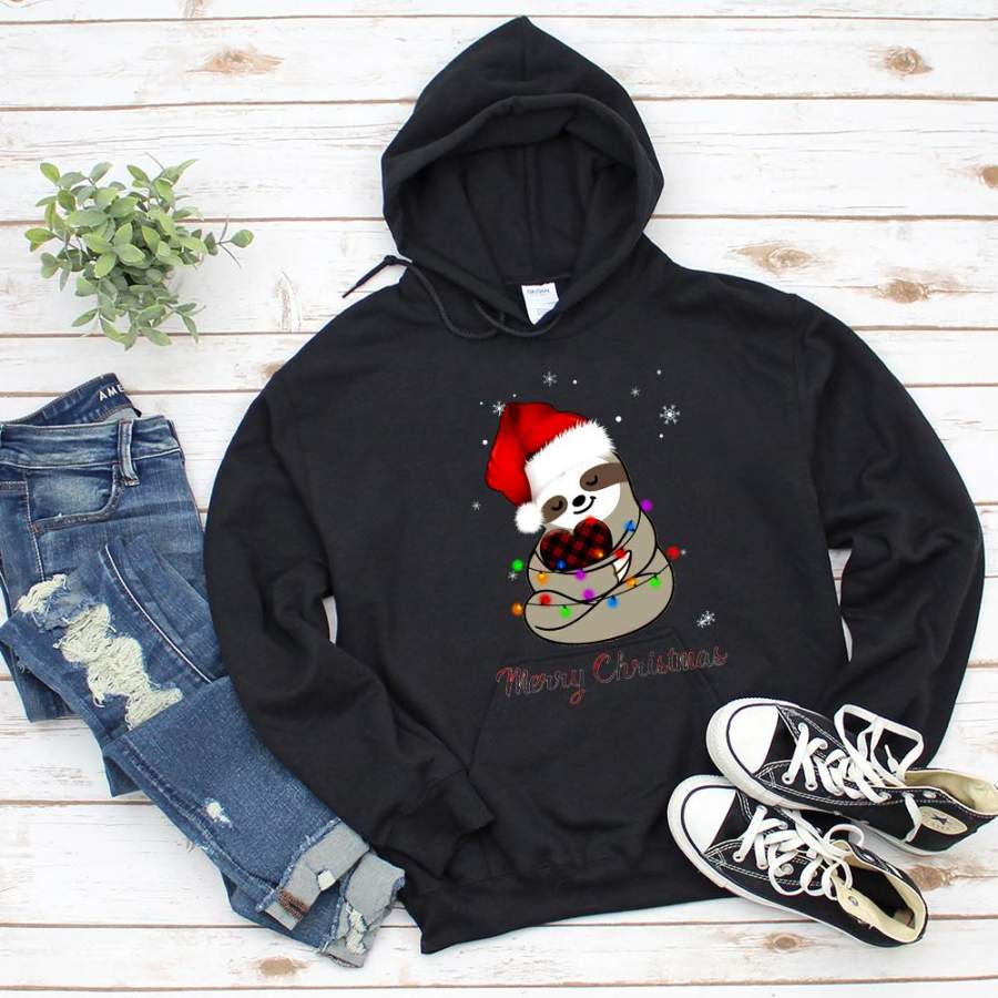 Sloth merry christmas light sloth hug red plaid heart santa hat black hoodie for men and women S-5XL