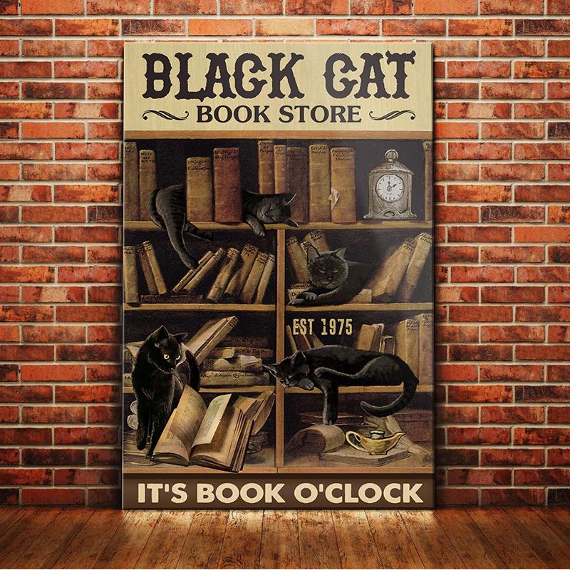 Black Cat Canvas And Poster Book Store It’s Book O’clock | Art Print | Home Decor | Room Decor | Wall Art