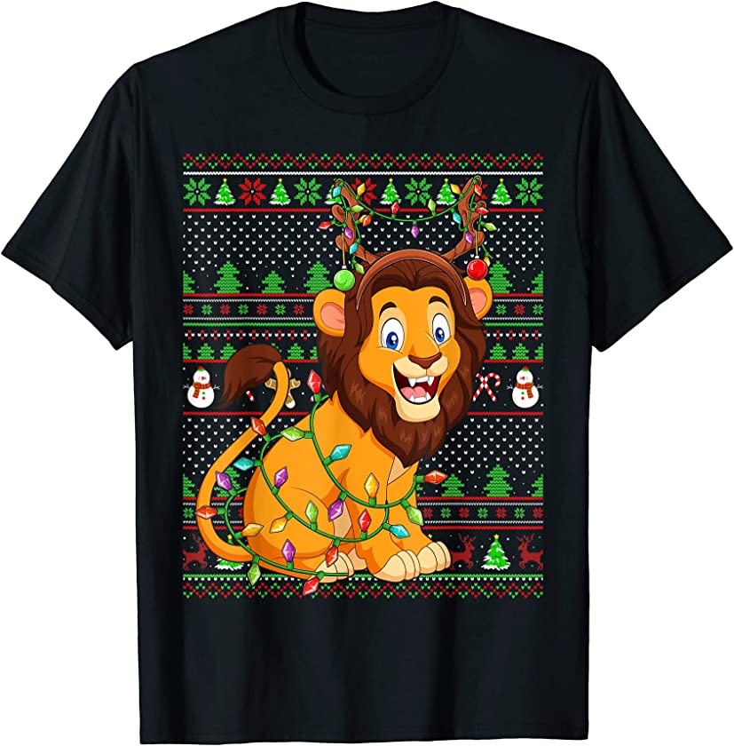 Ugly Xmas Sweater Style Lighting Lion Christmas T-Shirt