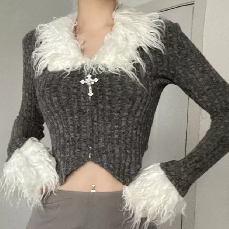 Women Fur Trim Cardigan y2k Fairycore Knitted Long Sleeve Zipper Crop Top Vintage Cute Aesthetic Autumn Clothes Streetwear alx