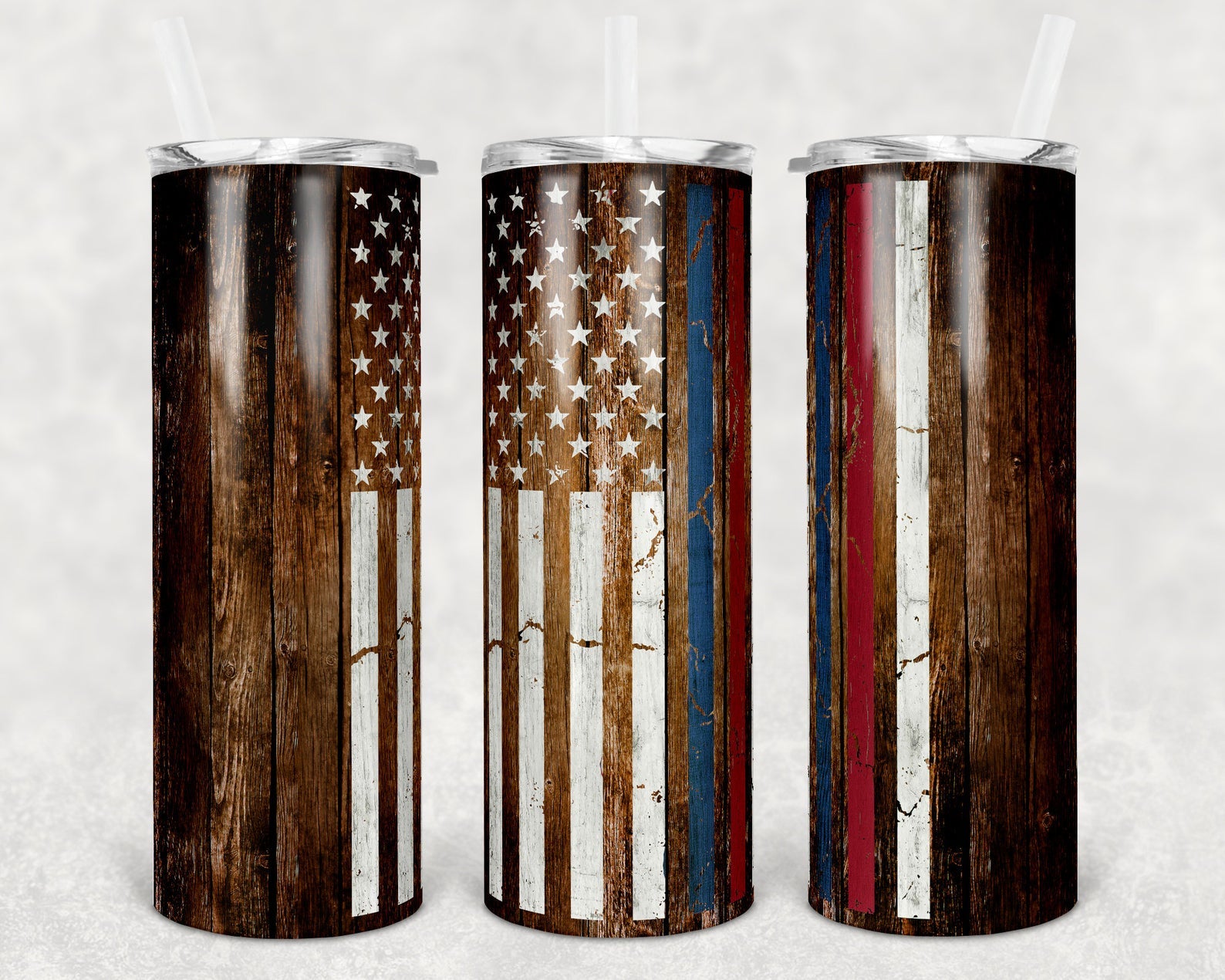 Burned Wood Flag Red Blue Line 20Oz Skinny Tumbler