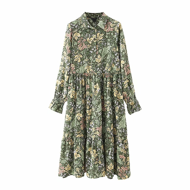 Zevity New Women Vintage Floral Leaves Print Pleats Green Midi Shirt Dress Female Chic Flare Sleeve Casual Kimono Vestido DS8185 alx