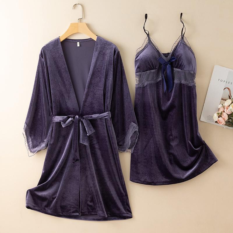 Velour Robe Nightdress Set Women Lace Kimono Bathrobe Gown Sleep Suit Autumn Sleepwear Nightwear Home Dress Loungewear alx