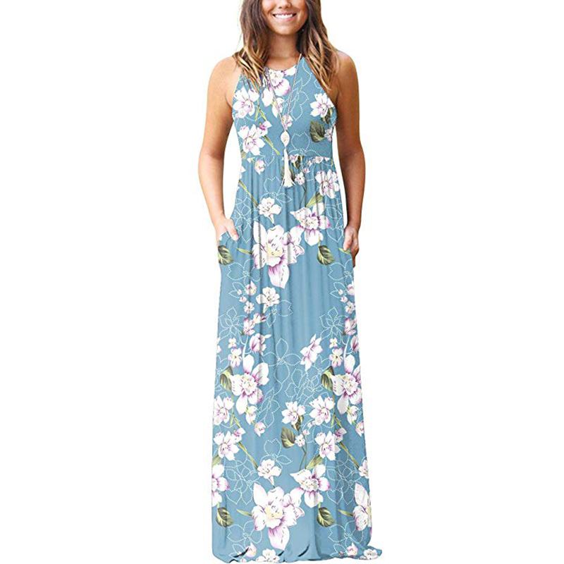 Printed Maxi Dress Women 2022 Spring O-Neck Pocket Long Dress Beach Floral Boho Summer Vintage Female Dresses GV690 alx