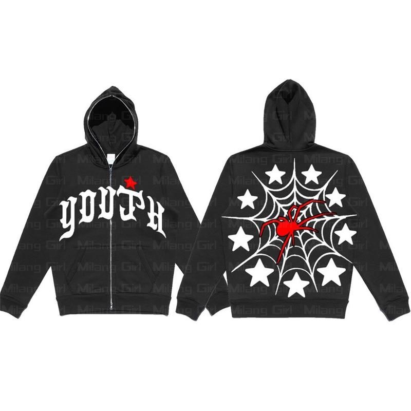 Anime spider print Gothic Long Sleeve Zip OverSized Hoodie Y2k Grunge clothes Sweatshirt emo Men’s clothing Sport Coat Pullover alx