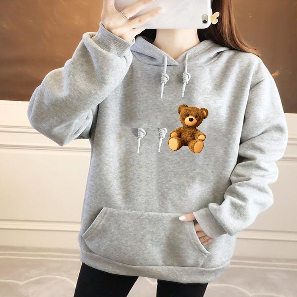 Autumn Women Hoodies Long Sleeve O-Neck Cute Bear Print Fashion Female Street Casual Commuter Tops Clothing Pullover Sweatshirt alx