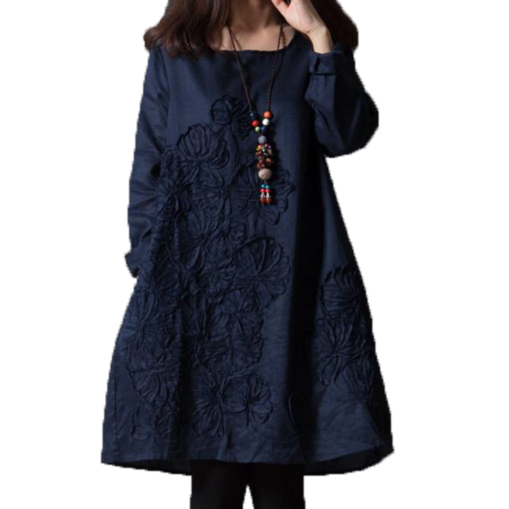 Autumn Cotton Linen Dress Women Loose Plus Size Solid Shirt Dresses Long Top OL Sundress Sarafans Vestido Robe 4XL 5XL Navy Blue alx