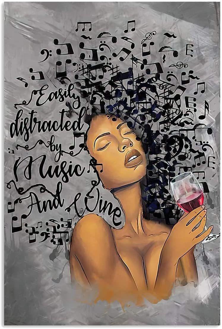 Afro Girl With Wine And Music Poster Easily Distracted By Music And Wine Black Woman – Best Idea Gift For Dog Lover, Gift For Home Decor, Gift For Family – Horizontal Canvas Matte Canvas Wall Art