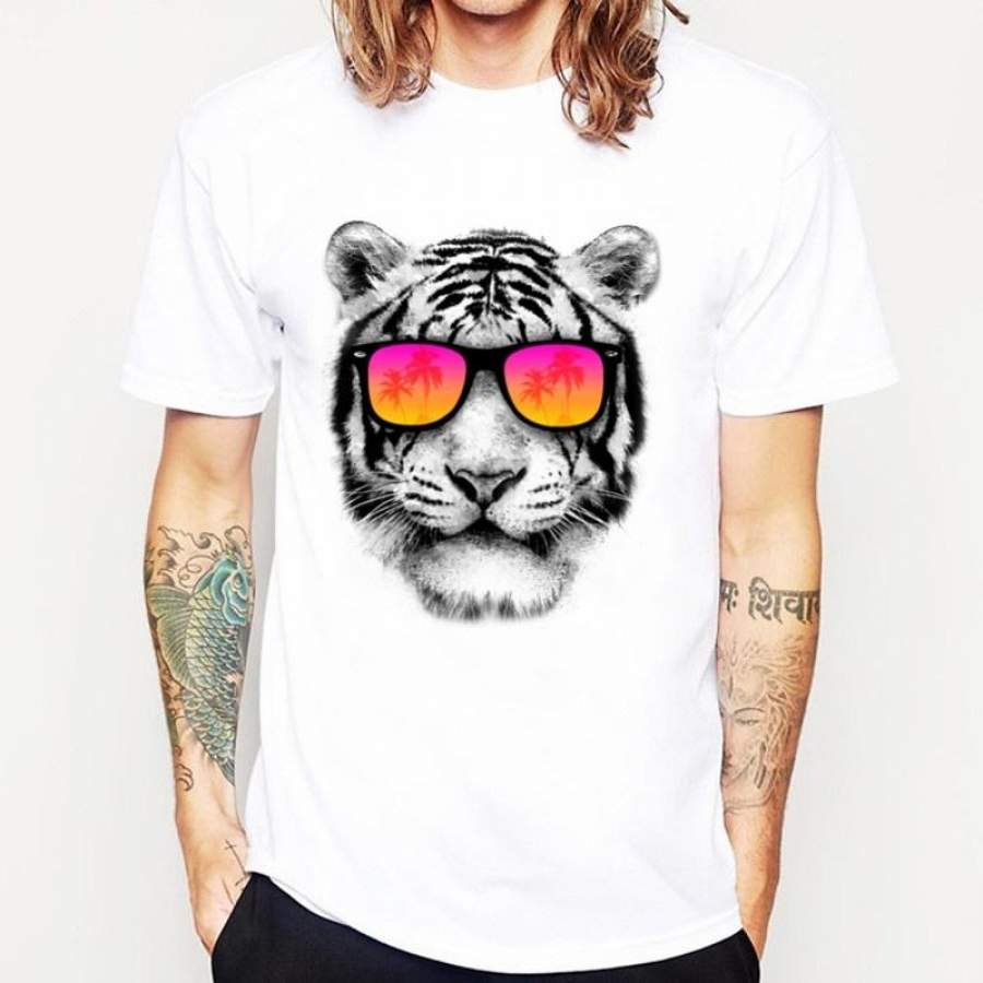 Hot Sales Summer High Quality Man Boy Boys Short Sleeve Tiger Glasses Print O-Neck T-Shirt Tops Men’S T-Shirt