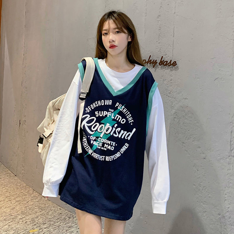 Vintage American college style sweatshirt women oversized trend fried street hip-hop fake two-piece tops ins printed sweatshirt alx