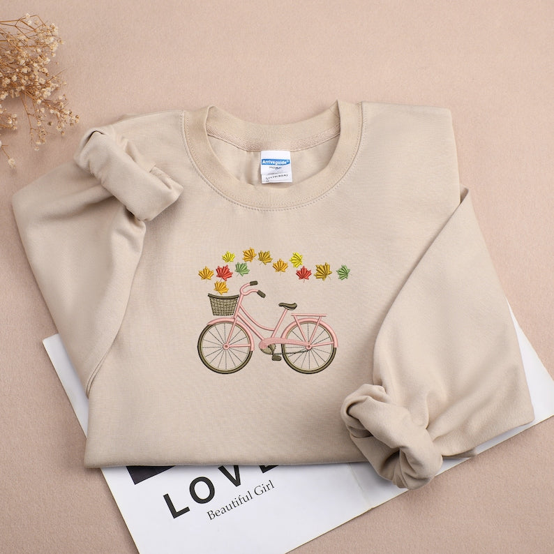 Leaves And Bicycle Embroidered Sweatshirt 2D Crewneck Sweatshirt All Over Print Sweatshirt For Women Sweatshirt For Men Sws3204