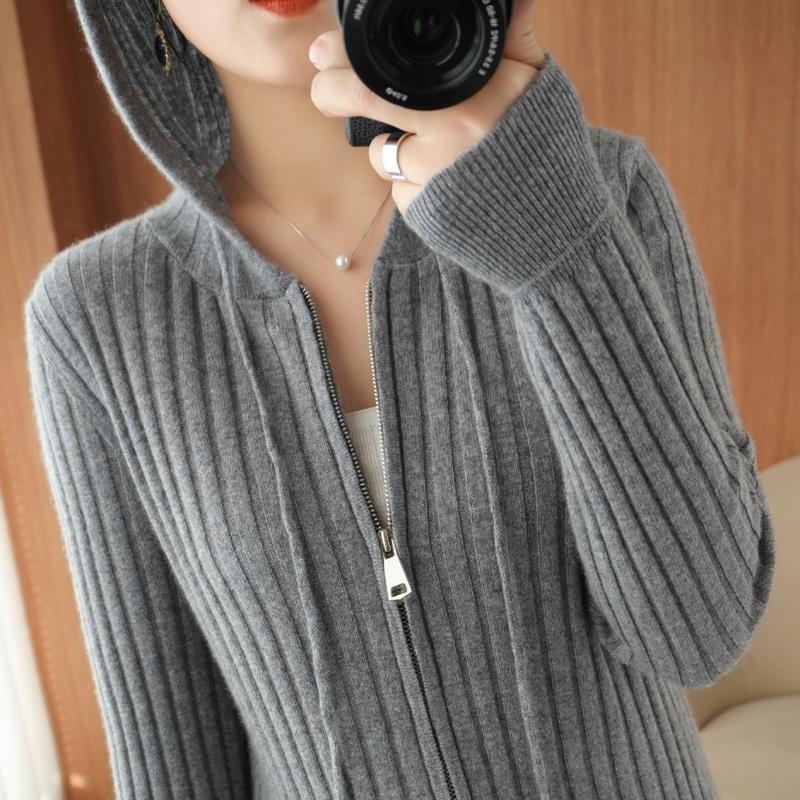 Autumn Winter New Hooded Zipper Knitted Cardigan Korean Version Loose Jacket Vertical Strip Outer Black Sweater Wool Allneon alx