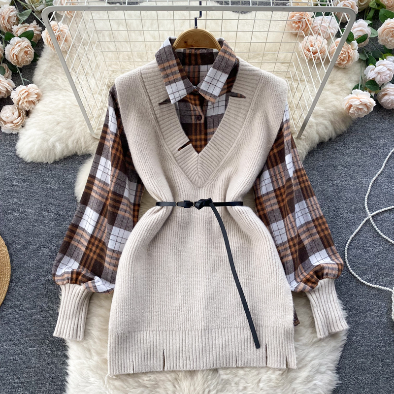 Vinatge Plaid Skirt and Vest Outfits Korean Casual Mid-lenght Blosuer + Sweater Sleeveless Coat With Blet Women Two Piece Sets alx