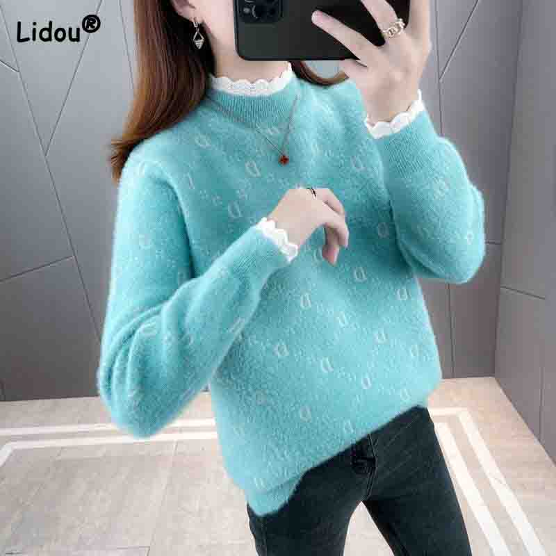 Autumn Winter Thickening Mink Sweater Knitted Pullovers for Women 2022 New Letter Printing All-match Casual Blouse Korean Top alx