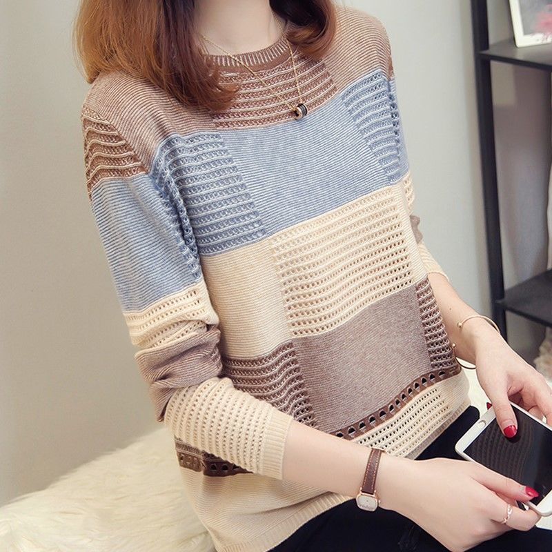 Vintage Patchwork Spring Summer Thin Sweaters Hollow Out Slight Strech O-Neck Pullovers Loose Leisure Women’s Clothing Creative alx