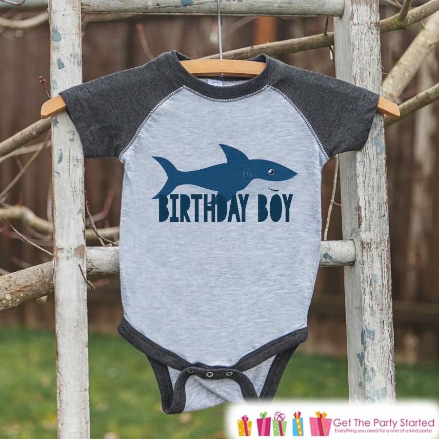 Boys Birthday Outfit – Shark Birthday Boy Shirt or Onepiece – Youth, Toddler, Baby Birthday Outfit – Grey Baseball Tee – Kids Baseball Tee