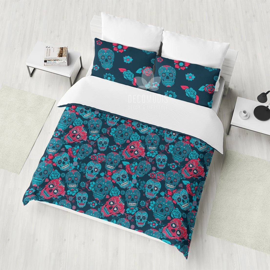 Sugar Skull Bedding, Dia De Los Muertos Duvet Cover Set, Flowers & Skulls Pattern Bedroom Decor Bedspread