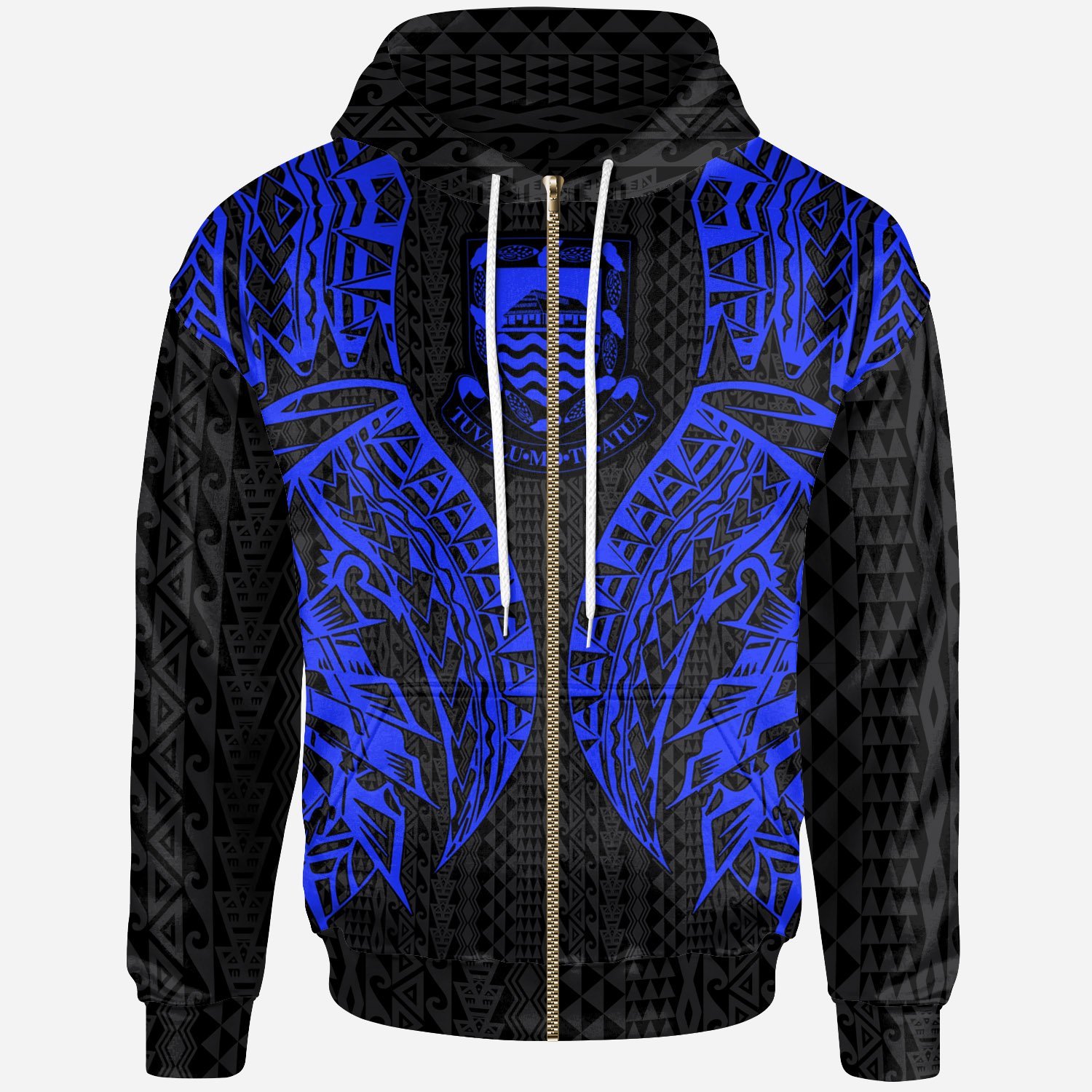 Tuvalu Zip-Up Hoodie – Polynesian Lion Head Blue Style – Pacific Print Hoodie