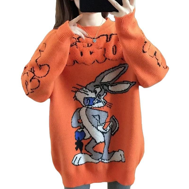 Kawaii Wool Pullover Cartoon Anime Rabbit Harajuku Sweater Women Autumn Winter 2021 New Korean Sweet Loose Outer Wear Orange alx