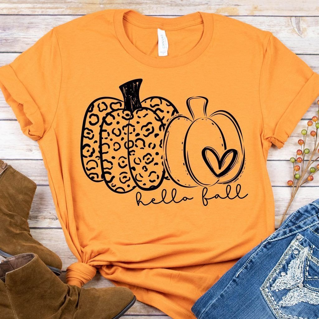 Double Pumpkin Leopard Hello Fall – Fall Tshirt – Halloween Shirt