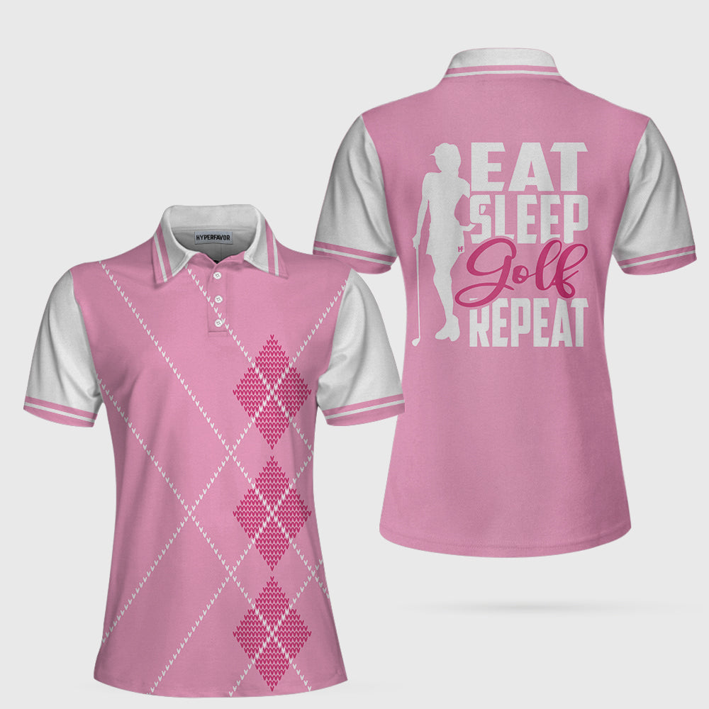 Eat Sleep Golf Repeat Golf Short Sleeve Women Polo Shirt, Pink Argyle Golf Shirt For Ladies Coolspod