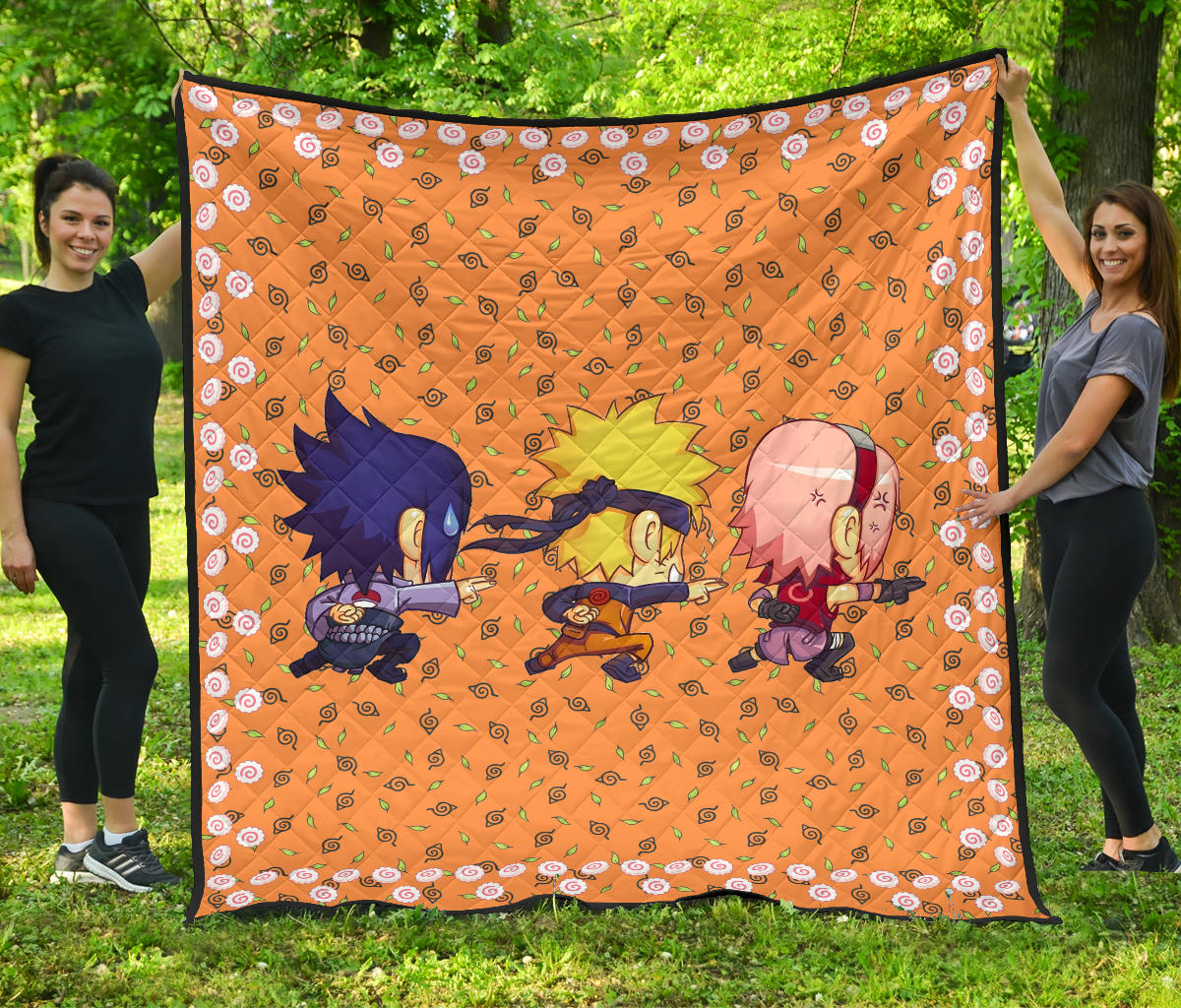 Naruto Anime Premium Quilt – Cute Chibi Team 7 Naruto Sasuke Sakura Finger Jutsu Quilt Blanket