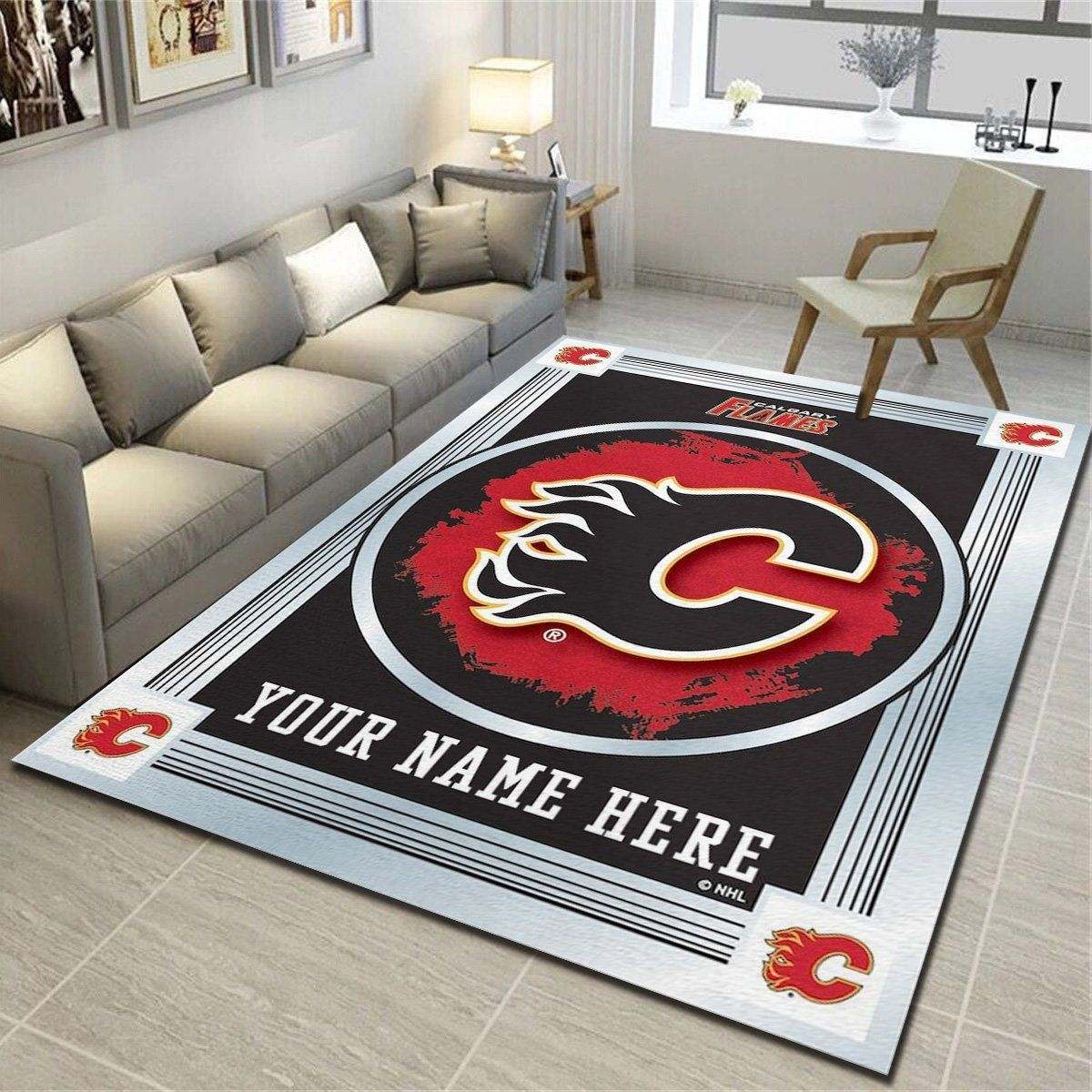 Calgary Flames Personalized Area Rug, Team Living Room Bedroom Carpet, Customized Man Cave Floor Mat