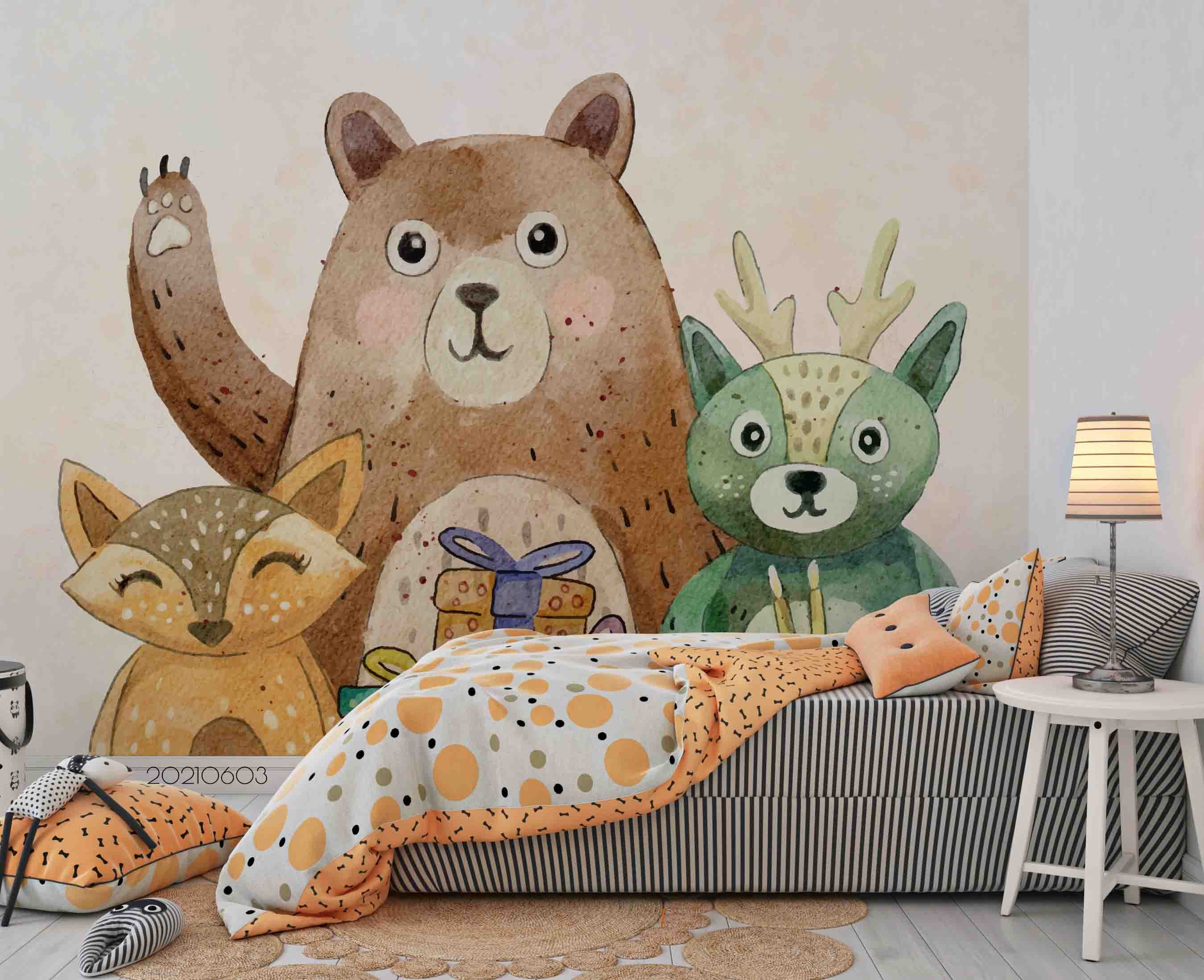 3D Animal Cute Cartoon Watercolor Wall Mural Wallpaper Sww565