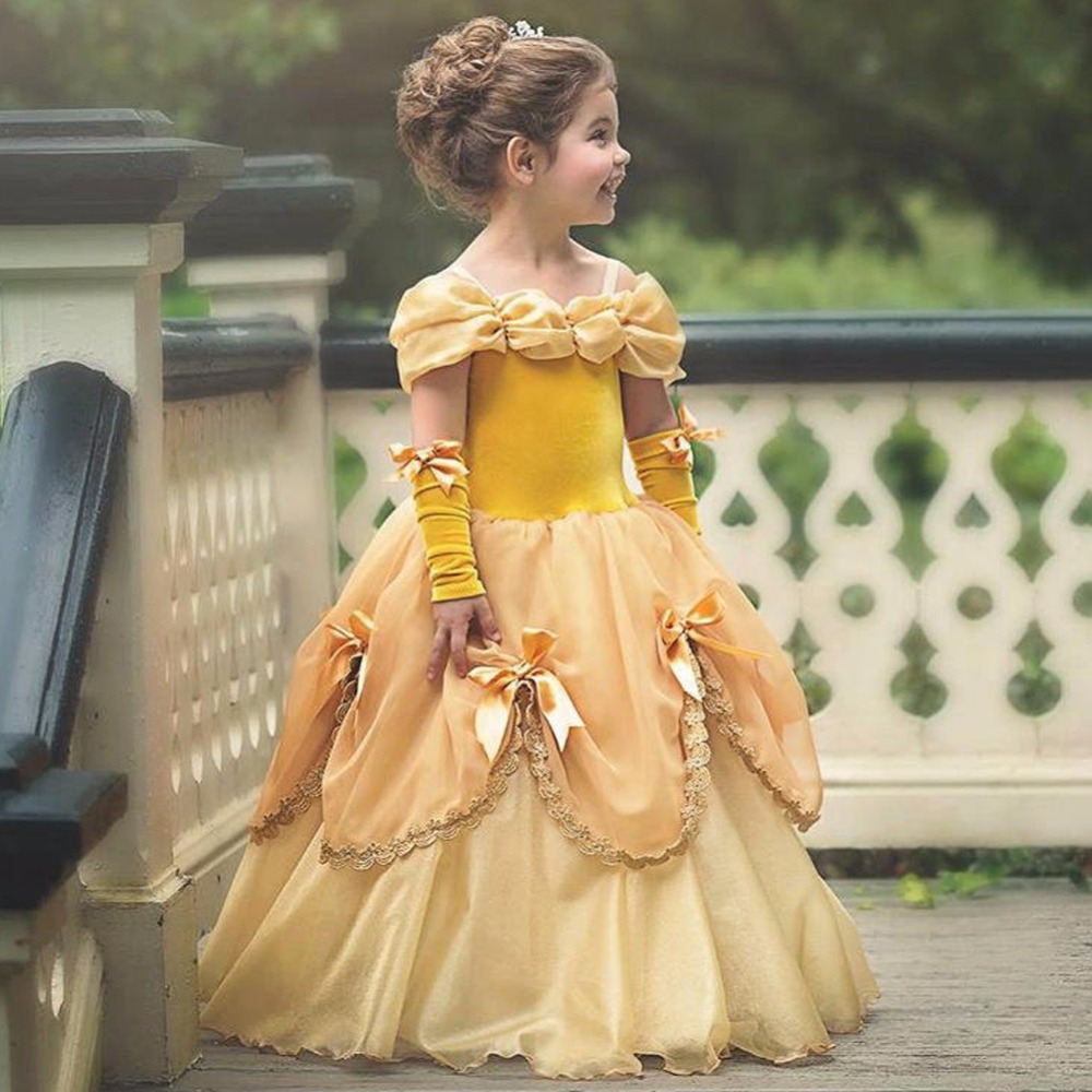 3-11T Girls Yellow Fancy Dress Children Beauty Beast Belle Princess Costumes Party Cosplay Dress Cartoon Dress Kids alx