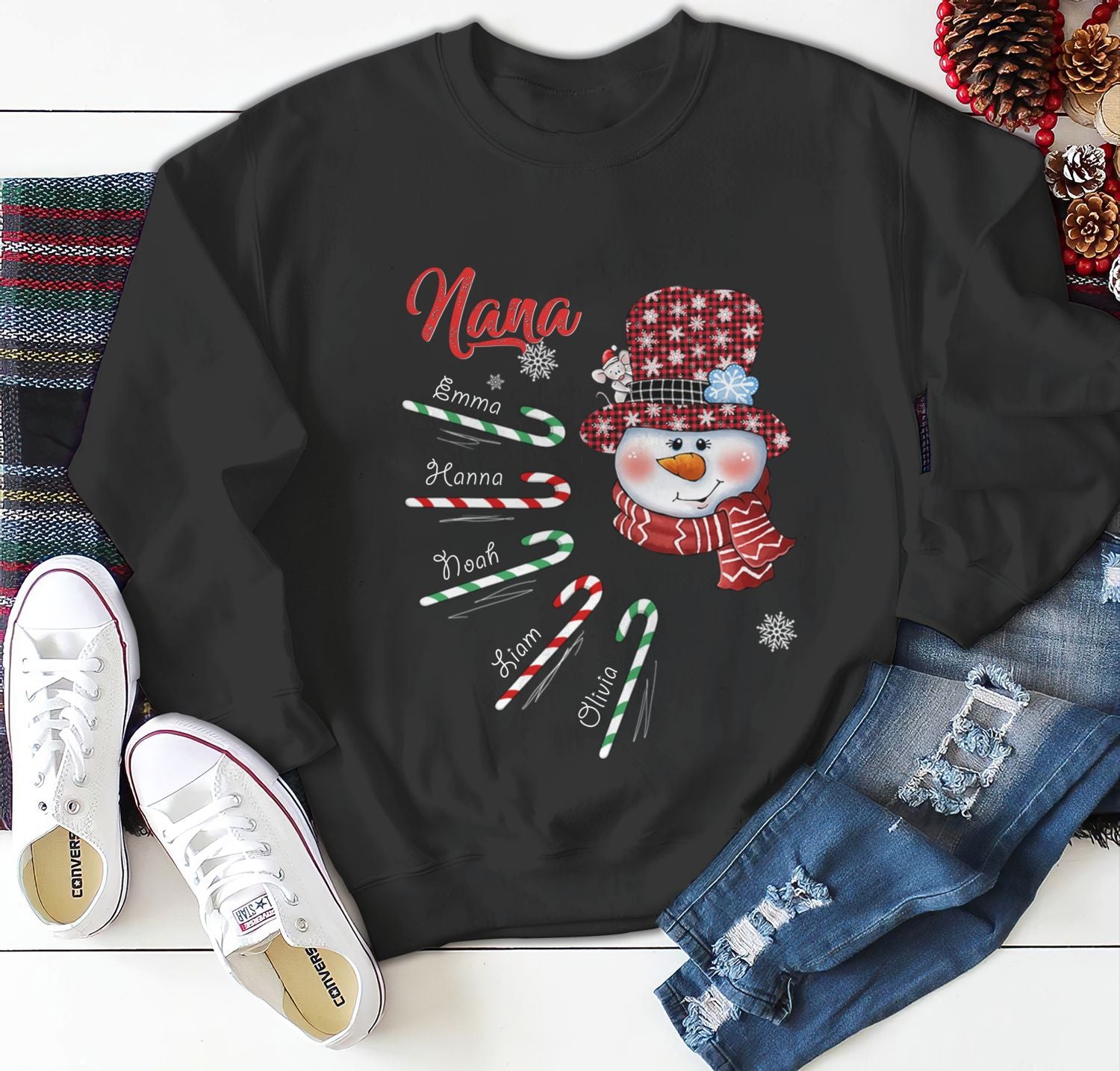 Personalized Sweatshirt Hoodie For Grandma Nana Snowman & Candy Cane Printed Custom Grandkids Name