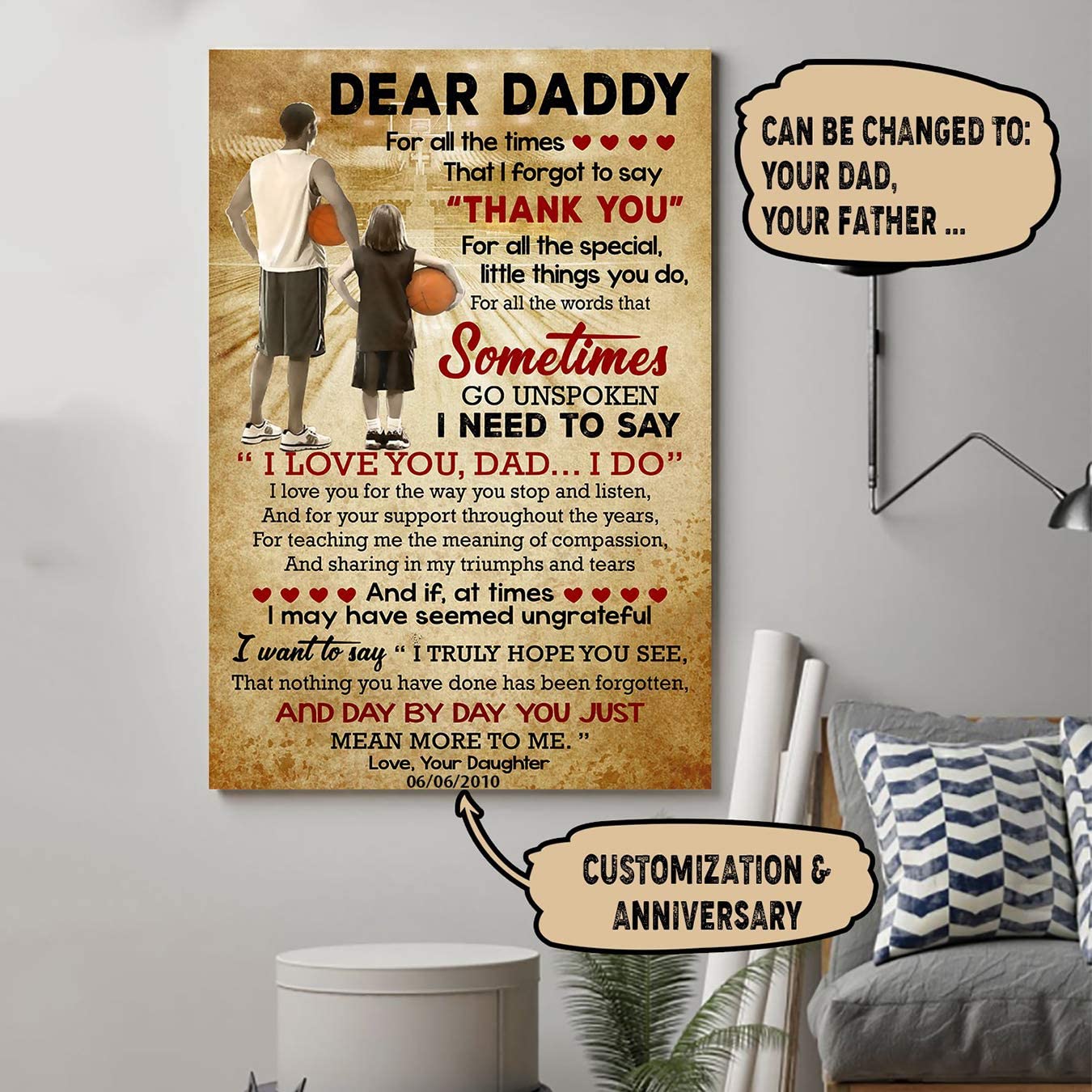 Poster for Room Aesthetic -Command Strips Wall Decor – Ly98 Customizable Basketball Poster – Daughter to Daddy – I Love You Dad I Do