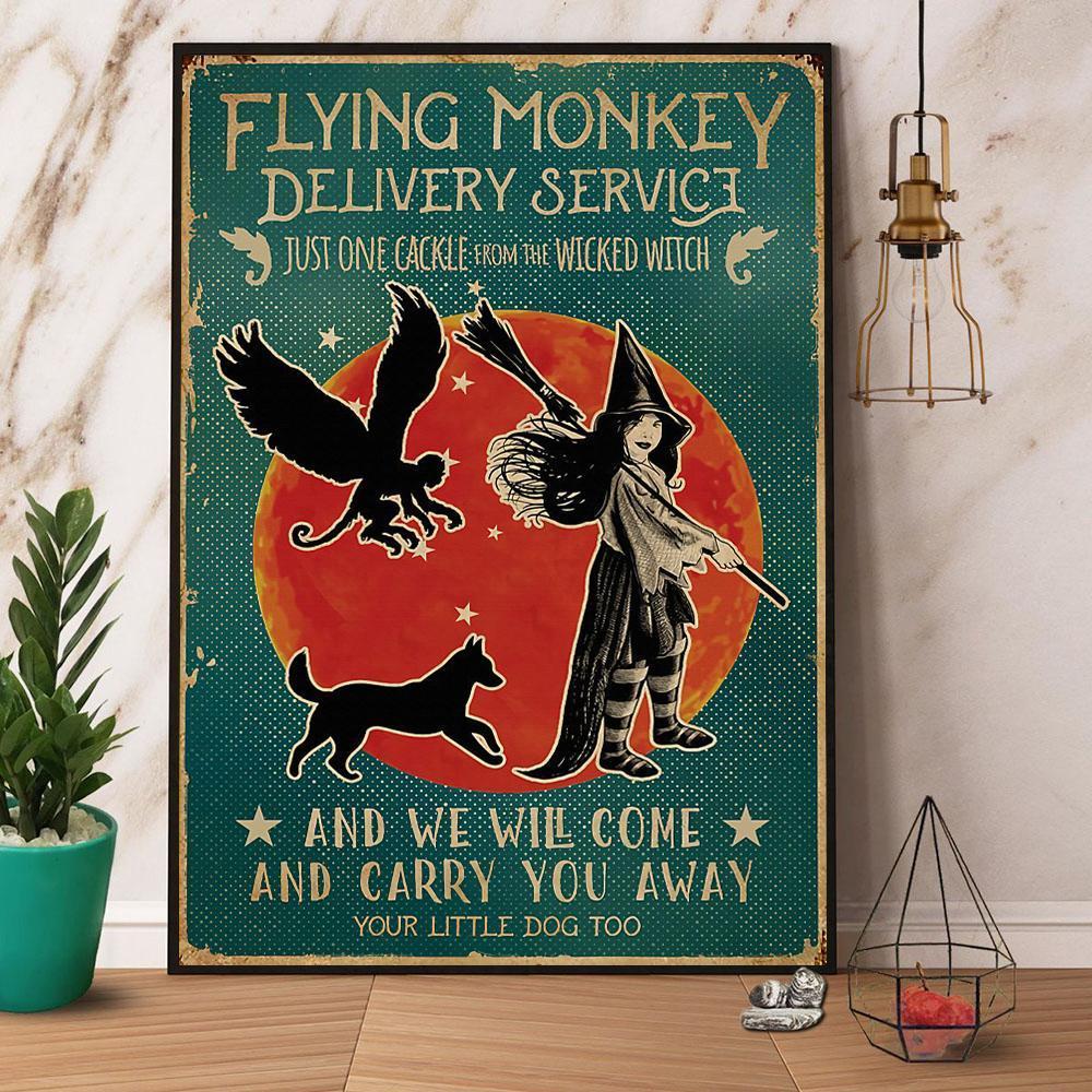 Witch & Flying Monkey Delivery Service Dog Halloween Poster No Frame Matte Canvas, Wall Decor Visual Art