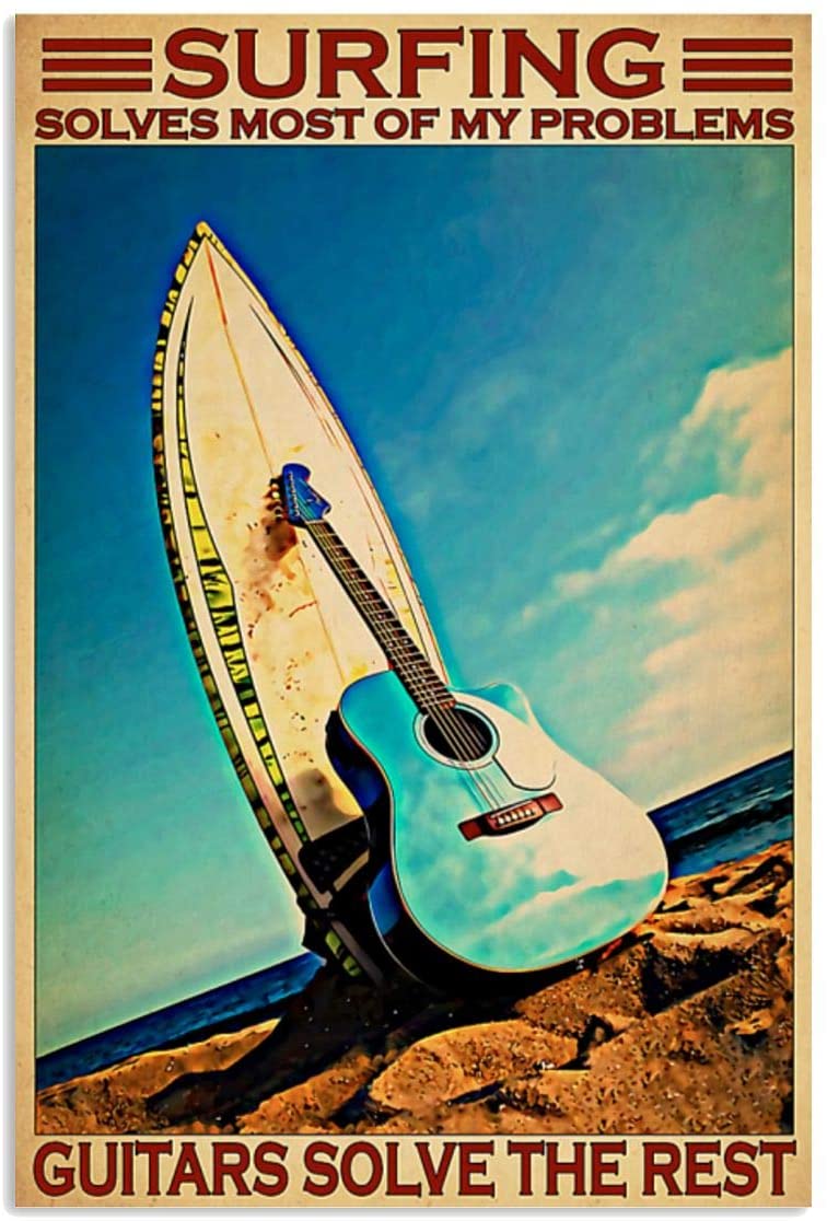 Vintage Surfing And Guitar Solves Most Of My Problems Poster Art Print      Home Decor Gift For Men Women Family Friend On Birthday Xmas