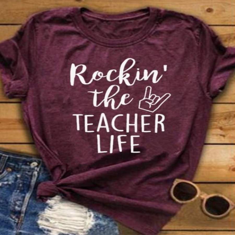 Rockin’ The Teacher Life Graphic Tees Casual Cotton Short Sleeve Top Tees Wine Red Shirt