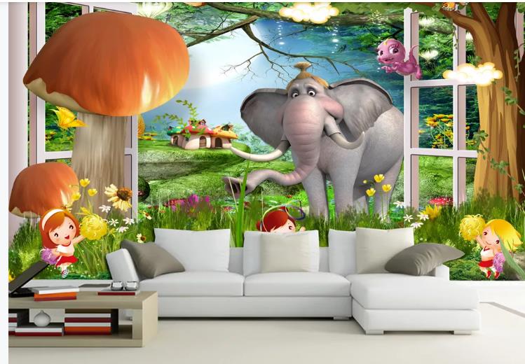 3D Cartoon Forest Elephant Mushroom Wall Mural Wallpaper Lqh 542