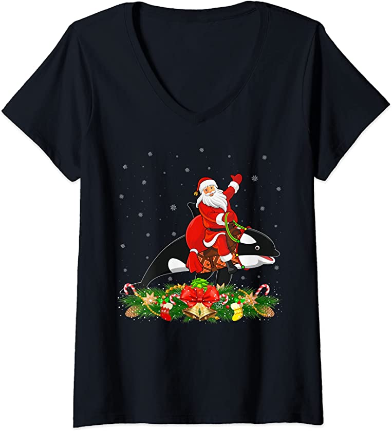 Womens Orca Lover Funny Santa Riding Orca Christmas V-Neck T-Shirt