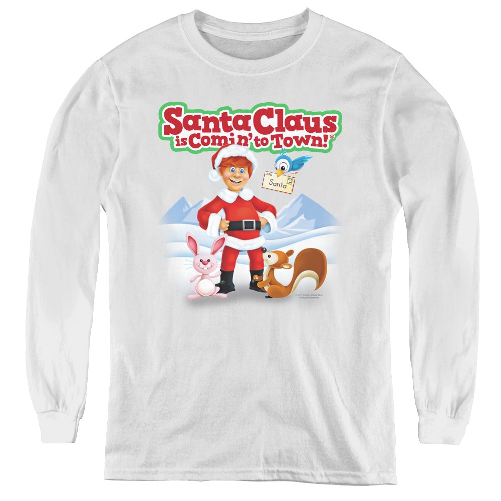 Santa Claus Is Comin To Town Animal Friends Long Sleeve Kids Youth T Shirt White