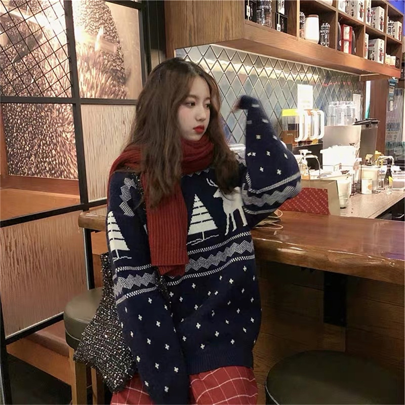 Christmas Deer Knitted Sweater Female Autumn Winter Students Loose Outwear Thickened Pullover Women New Year Jersey Pullover alx