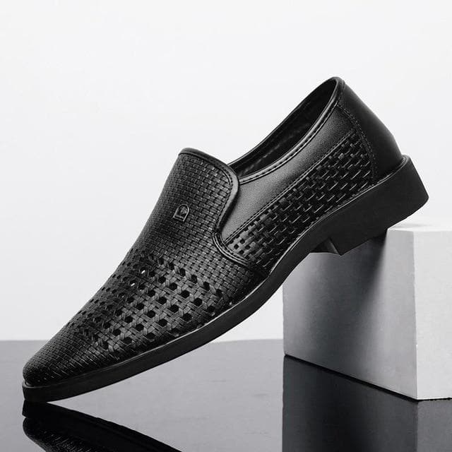 Summer Men’S Leather Sandals Genuine Leather Soft Bottom Slip-On Shoes Hole Shoes Middle-Aged Hollow Weave