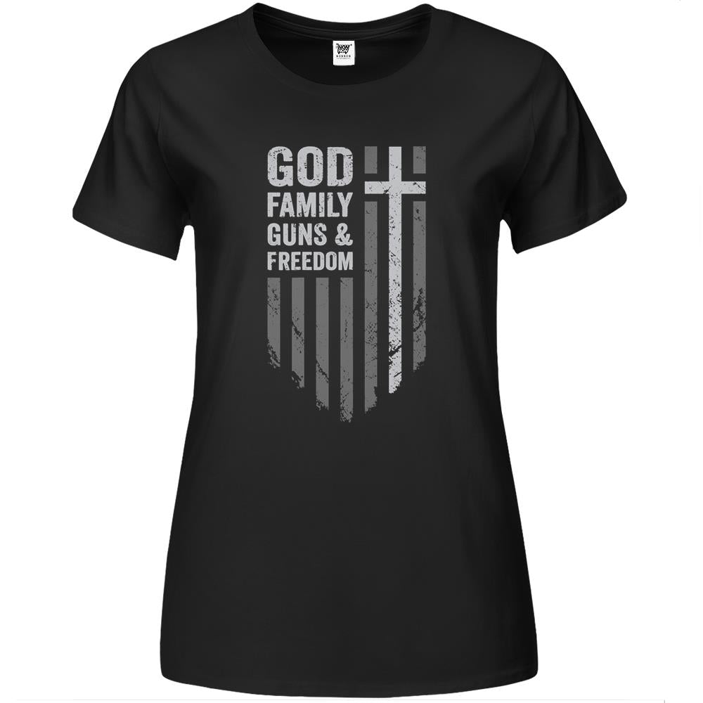 God Family Guns & Freedom – Usa Cross Flag Pro Gun Premium Womens T Shirts