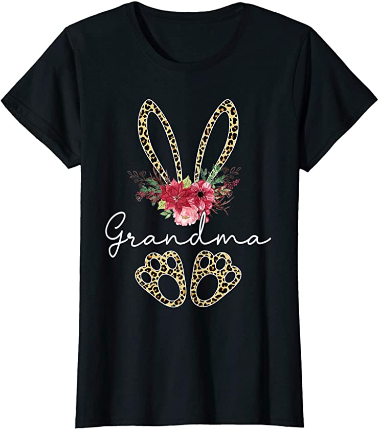 Womens Grandma Bunny Leopard Flowers Matching Family Cute Easter T-Shirt